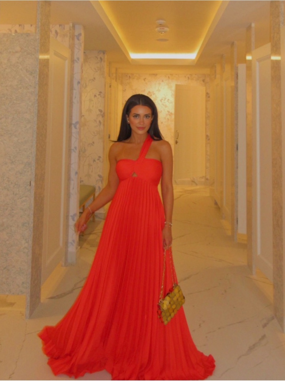 Mango One-Shoulder Coral-Red Pleated Evening Gown